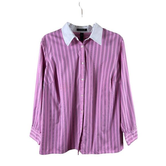 Lauren Ralph Lauren Striped Button Up Contrast Collar Blouse 1X Pink White Work - Picture 1 of 10